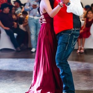 Burgundy open back silk formal dress